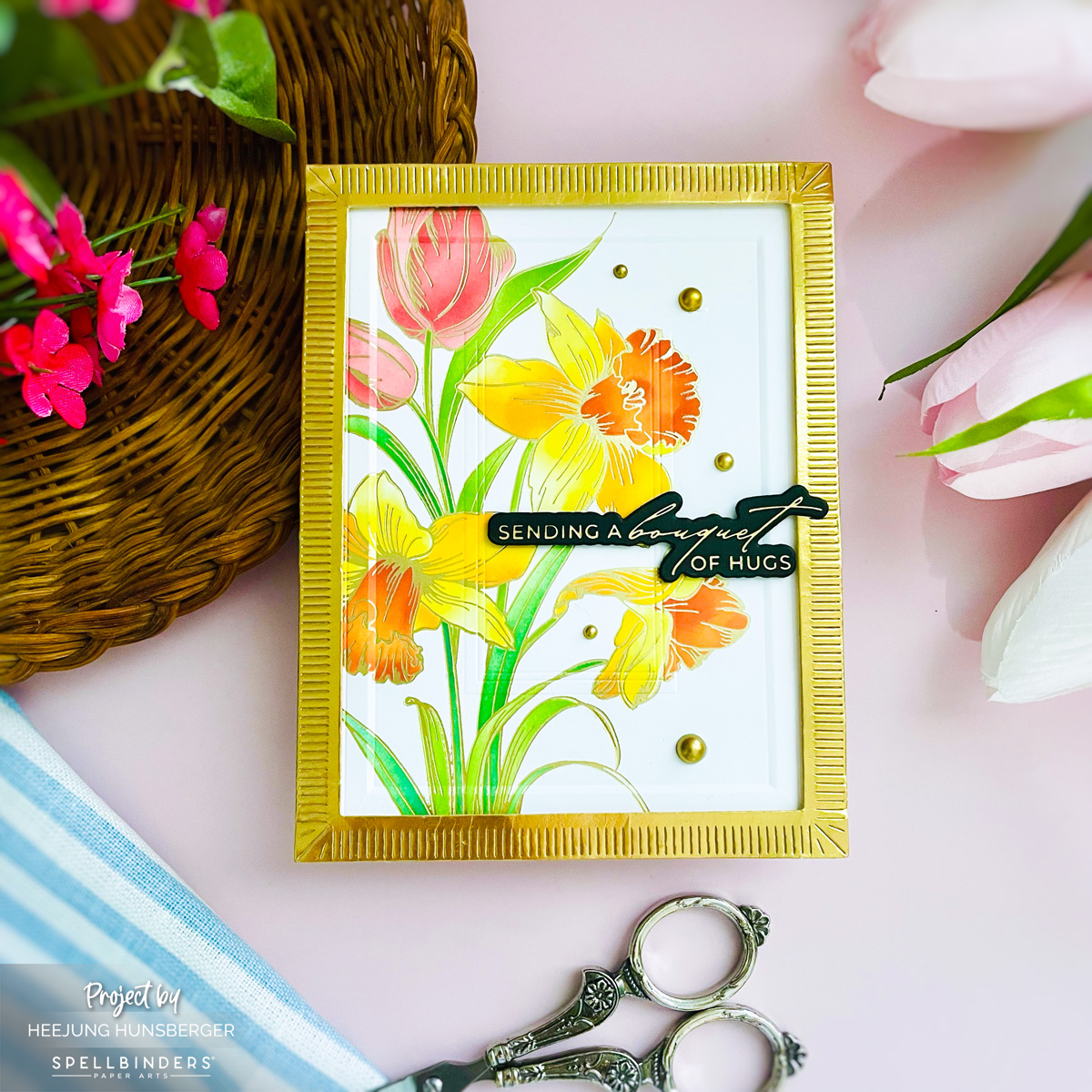Golden Tulips & Textured Elegance: A 3D Embossed Floral Card