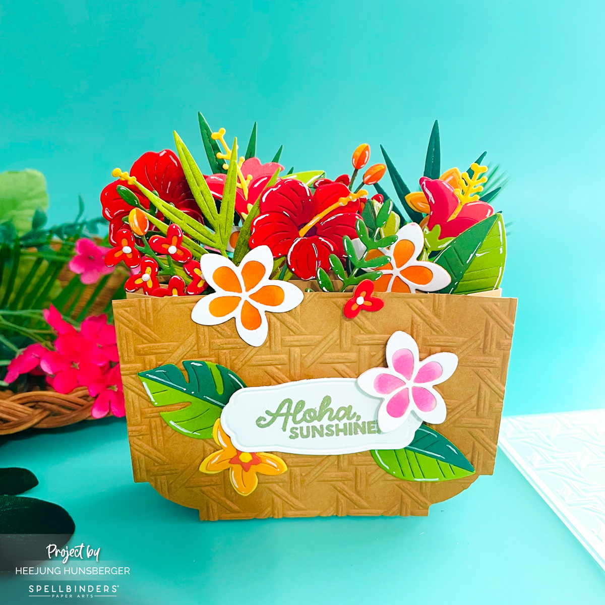 Tropical Flower Basket Pop-Up Card with Simon Hurley’s Rattan Cane Texture