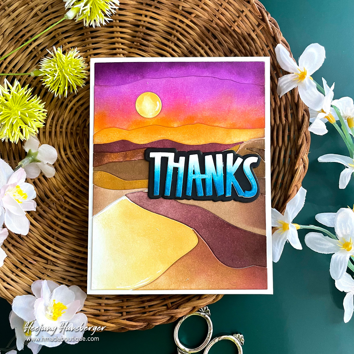 Vibrant Desert Sunset Thank You Card with Simon Says Stamp Desert Horizon Die