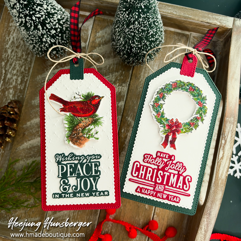 Christmas Gift Tags with Tim Holtz Festive Overlay Stamp and Coordinating Dies