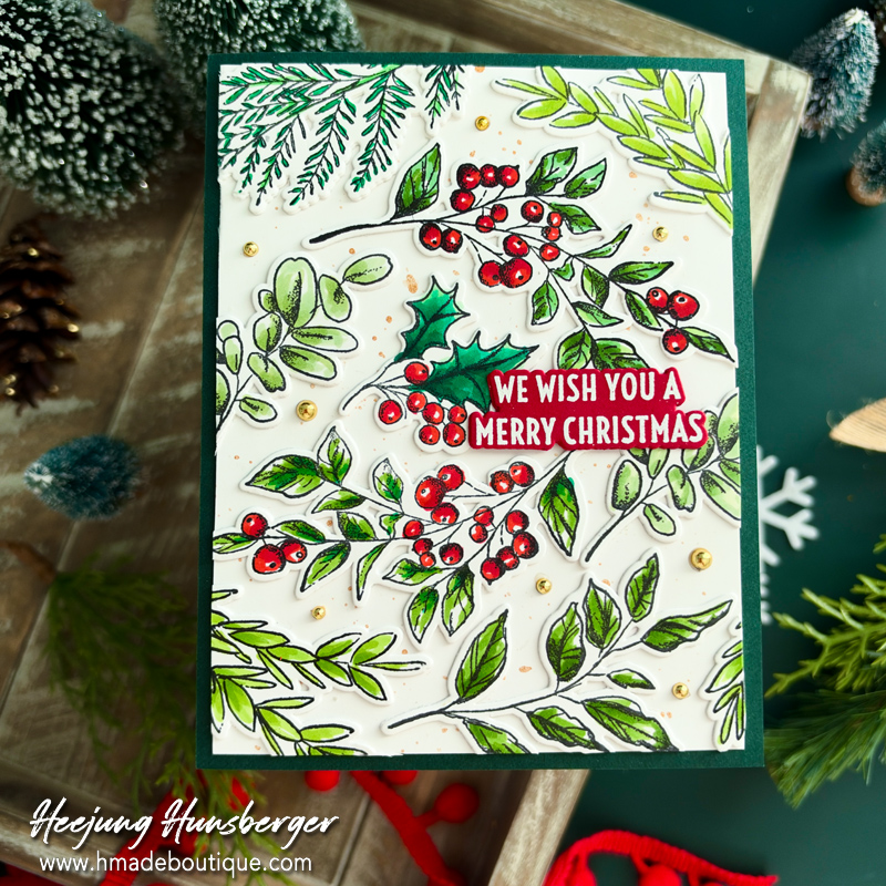 Merry Christmas Card with Tim Holtz Sketch Greenery Stamp and Coordinating Dies